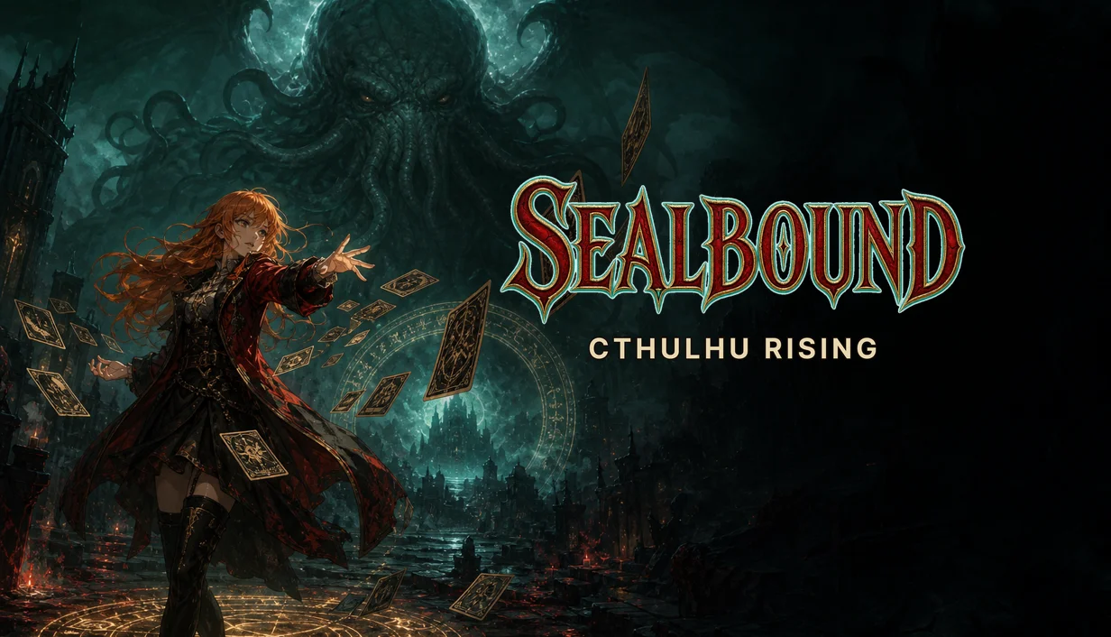 Sealbound key art: a hero before a looming Cthulhu amid scattered cards